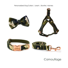 Personalized Engraved Handmade Camouflage Dog Collar or Dog Collar and Lead Set, Matching Bowtie and Step-in Harness Available