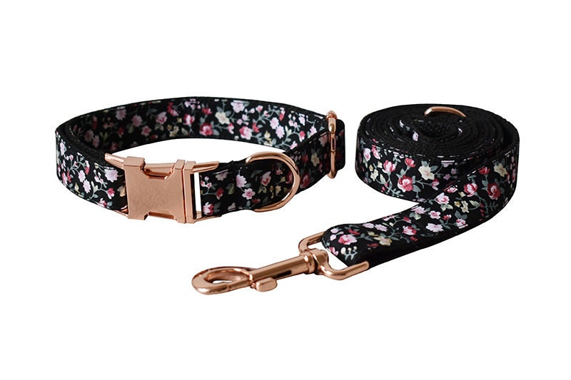 Black Floral Dog Collar and Lead Set, Bowtie and Step-in Harness