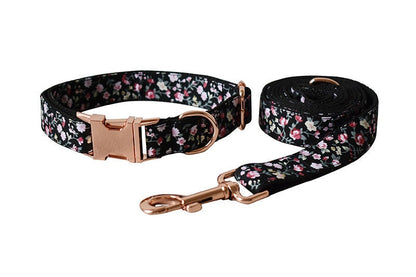Black Floral Dog Collar and Lead Set, Bowtie and Step-in Harness