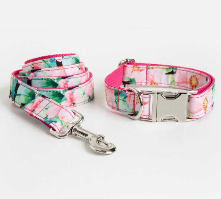 Pink Floral Dog Collar and Lead Set for Girl Dog