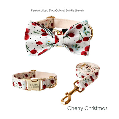 Cherry White Dog Collar and Lead Set Perfect for Christmas