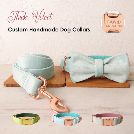 Personalised THICK Velvet dog collar, Leash Set, Bowtie Colors available Apple Green, Rose gold & Sky Blue