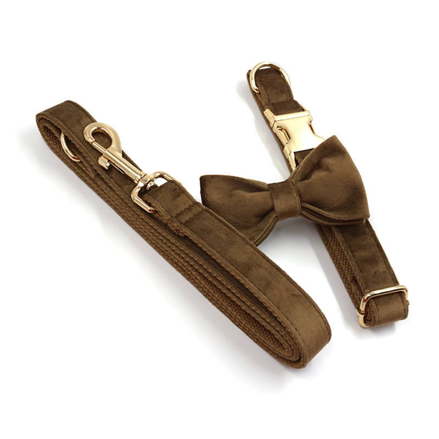 Solid Brown Thick Velvet Wedding Dog Collar Lead set