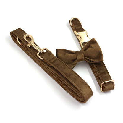 Solid Brown Thick Velvet Wedding Dog Collar Lead set