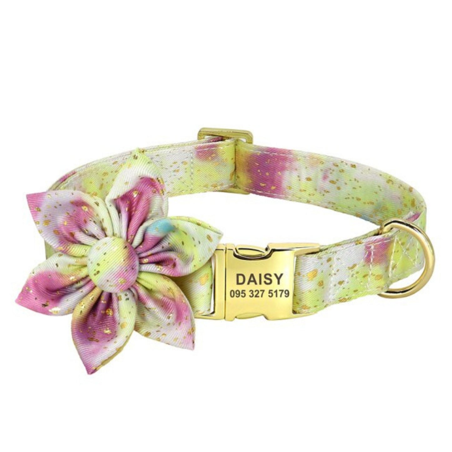 Custom Engraved Golden Sprinkle Tie Dye Flower Dog Collar and Leash with a Long Lasting Buckle, Girl Dog Collar