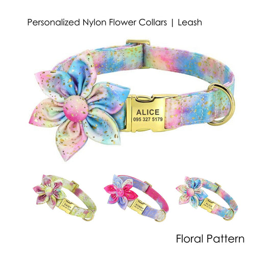 Custom Engraved Golden Sprinkle Tie Dye Flower Dog Collar and Leash with a Long Lasting Buckle, Girl Dog Collar