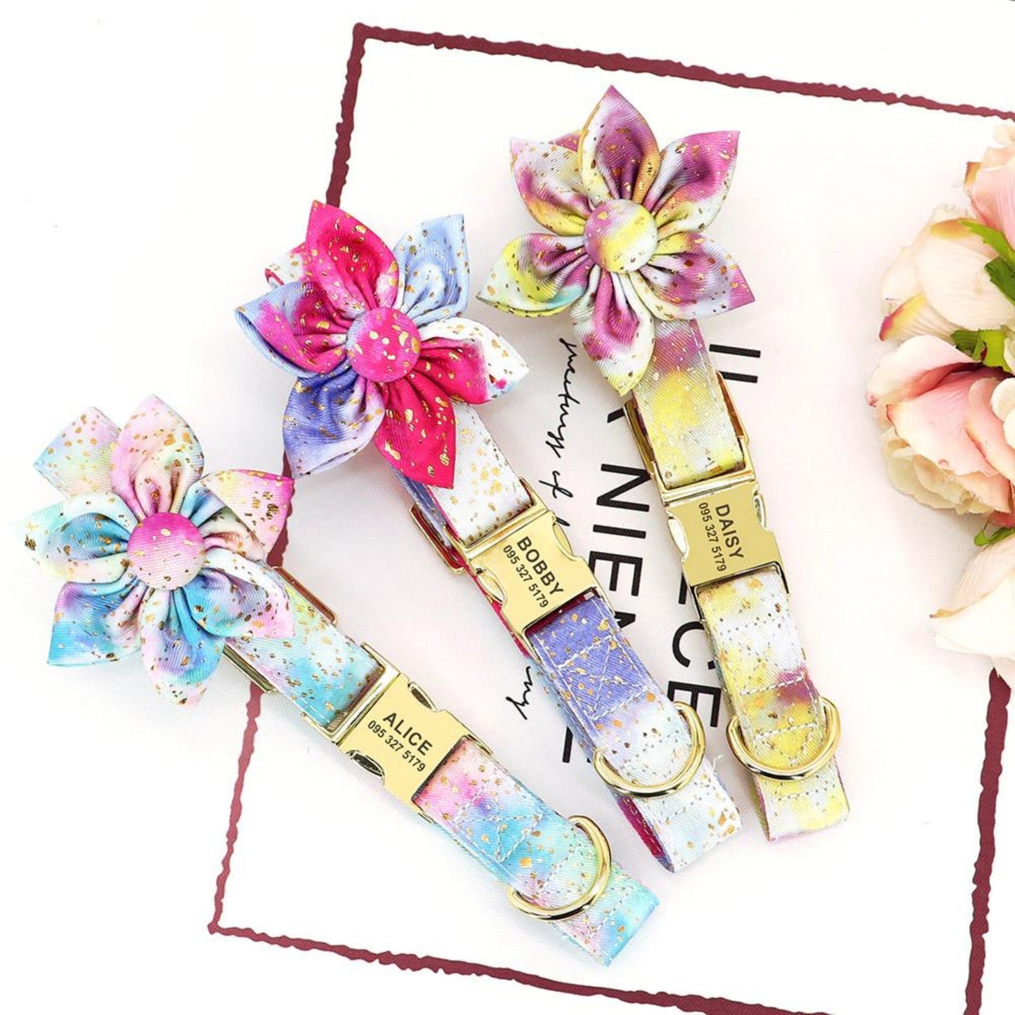 Custom Engraved Golden Sprinkle Tie Dye Flower Dog Collar and Leash with a Long Lasting Buckle, Girl Dog Collar