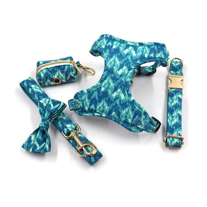 Custom Engraved Water Color Pattern Dog Collar, Leash, Bowtie, Matching Harness, Pet Gift
