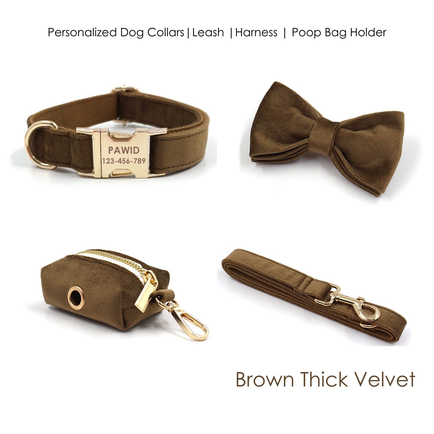 Solid Brown Thick Velvet Wedding Dog Collar Lead set