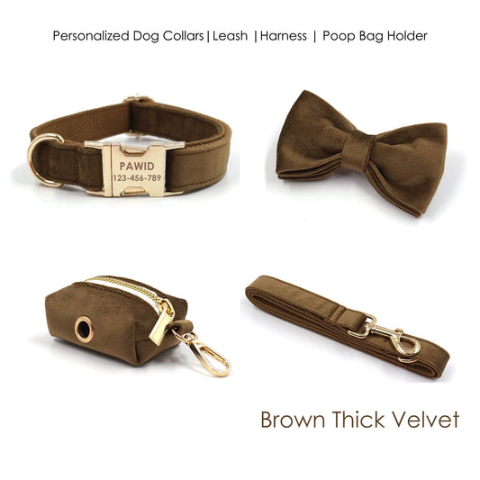 Solid Brown Thick Velvet Wedding Dog Collar Lead set