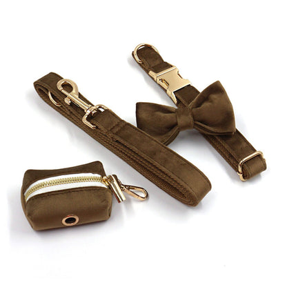 Solid Brown Thick Velvet Wedding Dog Collar Lead set