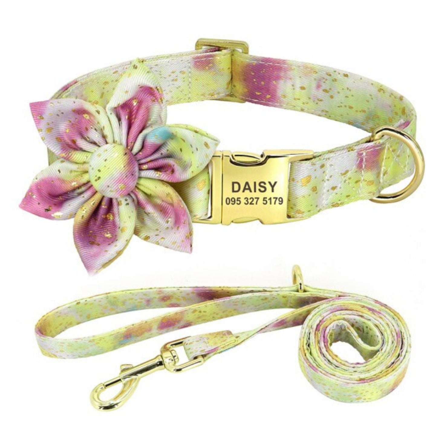 Custom Engraved Golden Sprinkle Tie Dye Flower Dog Collar and Leash with a Long Lasting Buckle, Girl Dog Collar