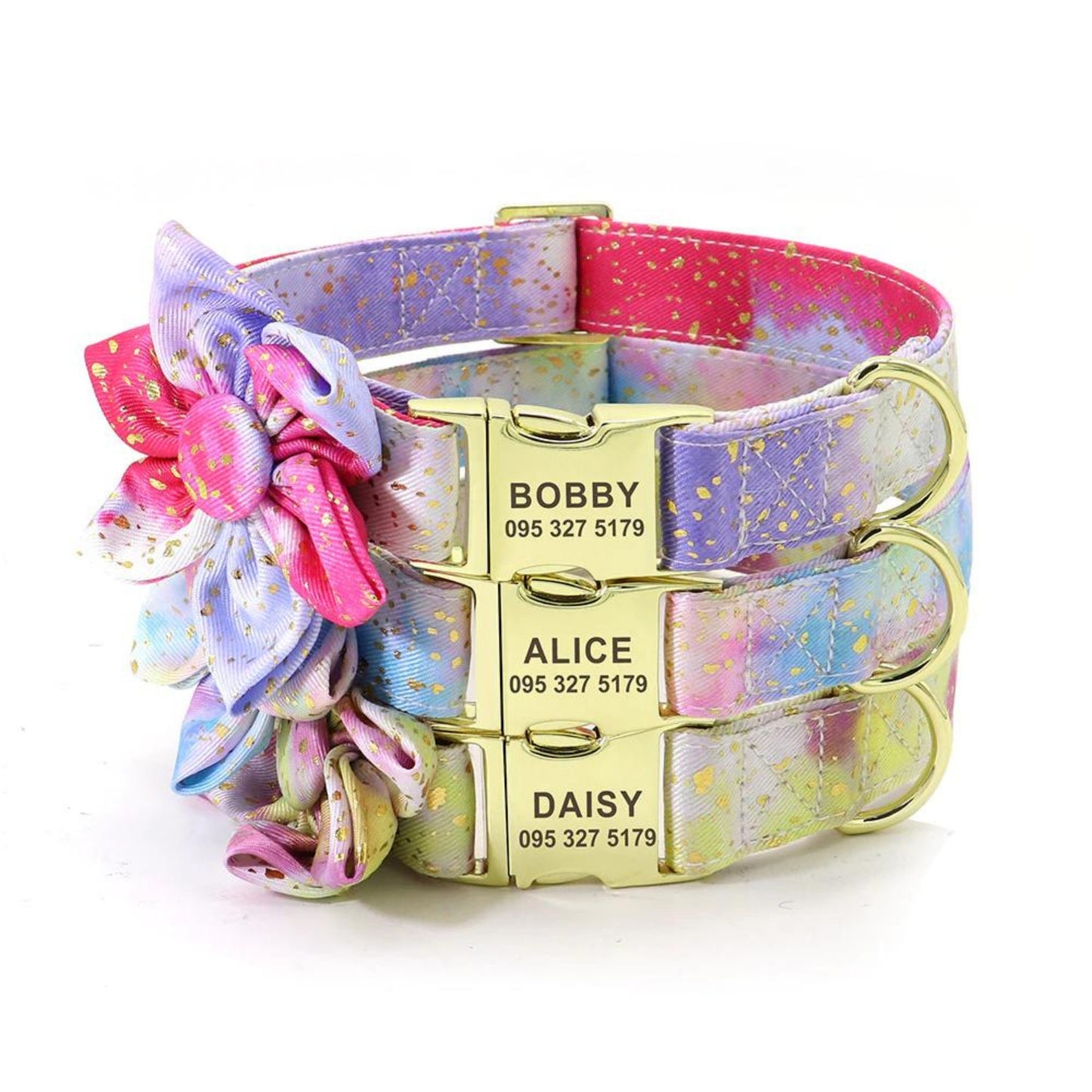 Custom Engraved Golden Sprinkle Tie Dye Flower Dog Collar and Leash with a Long Lasting Buckle, Girl Dog Collar