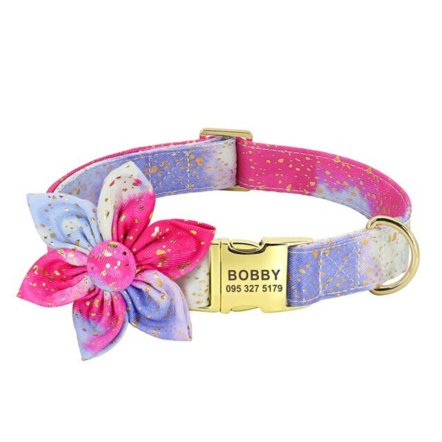 Custom Engraved Golden Sprinkle Tie Dye Flower Dog Collar and Leash with a Long Lasting Buckle, Girl Dog Collar