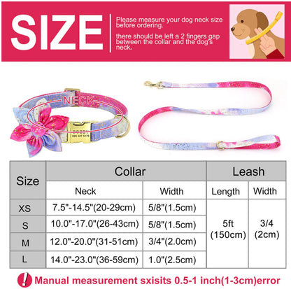 Custom Engraved Golden Sprinkle Tie Dye Flower Dog Collar and Leash with a Long Lasting Buckle, Girl Dog Collar