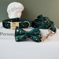 Thick Velvet Golden Star Dog Collar and Lead Set, Bowtie and Harness