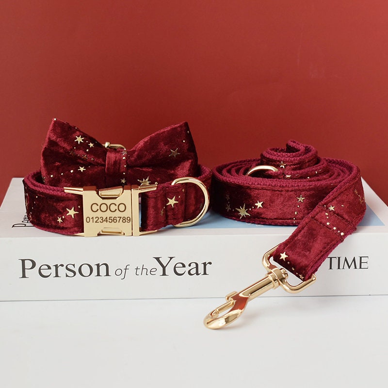 Thick Velvet Golden Star Dog Collar and Lead Set, Bowtie and Harness