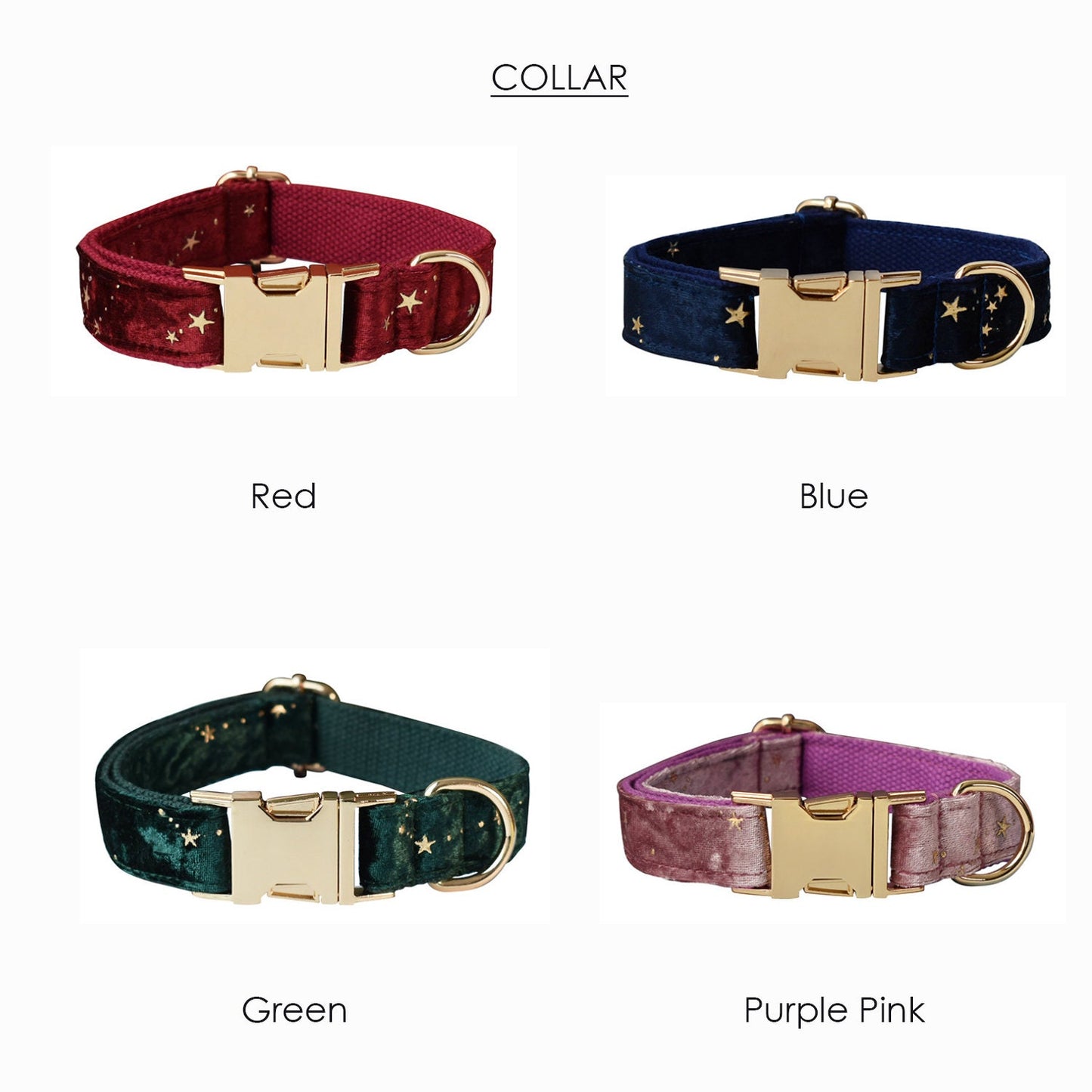 Thick Velvet Golden Star Dog Collar and Lead Set, Bowtie and Harness