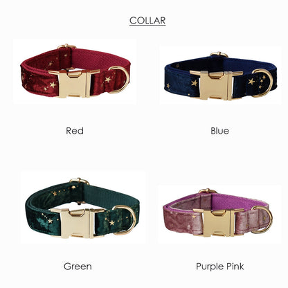 Thick Velvet Golden Star Dog Collar and Lead Set, Bowtie and Harness
