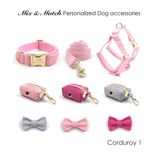 Personalised Pink and Grey Corduroy Dog Collar or Dog Collar and Lead, Harness Set, Dog Bowtie