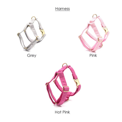 Personalised Pink and Grey Corduroy Dog Collar or Dog Collar and Lead, Harness Set, Dog Bowtie