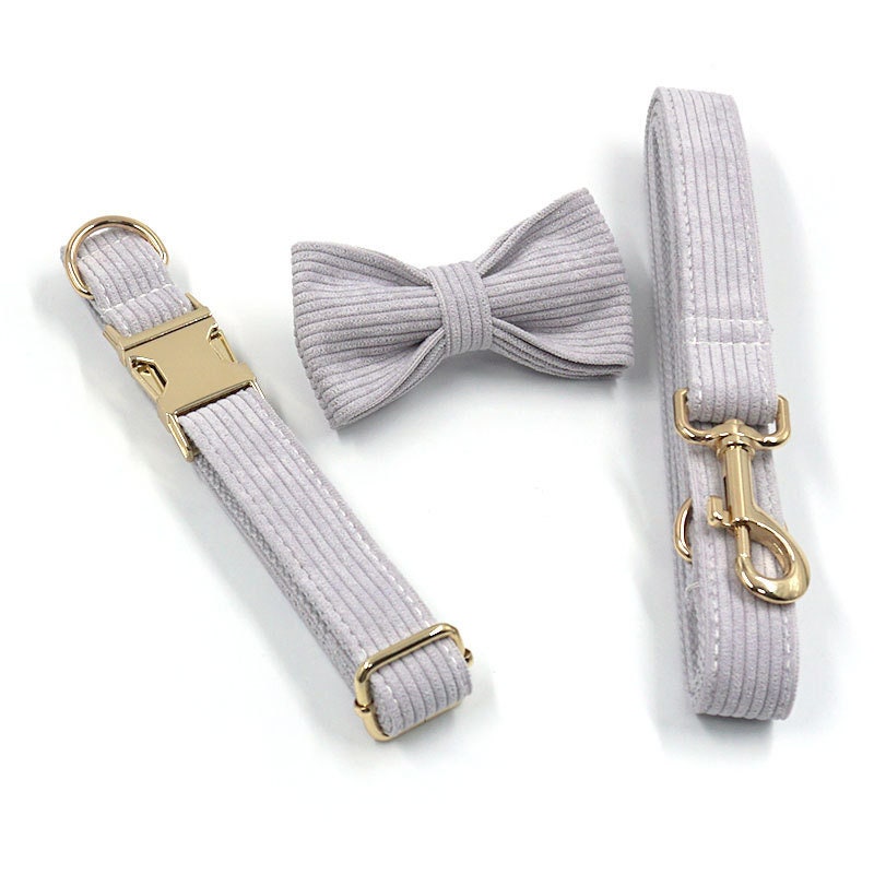 Personalised Pink and Grey Corduroy Dog Collar or Dog Collar and Lead, Harness Set, Dog Bowtie