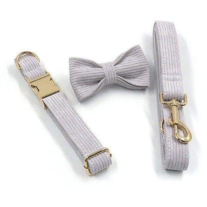 Personalised Pink and Grey Corduroy Dog Collar or Dog Collar and Lead, Harness Set, Dog Bowtie