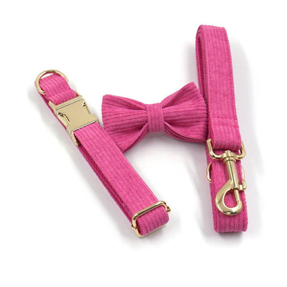Personalised Pink and Grey Corduroy Dog Collar or Dog Collar and Lead, Harness Set, Dog Bowtie