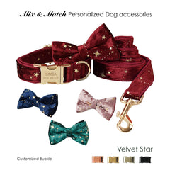 Thick Velvet Golden Star Dog Collar and Lead Set, Bowtie and Harness