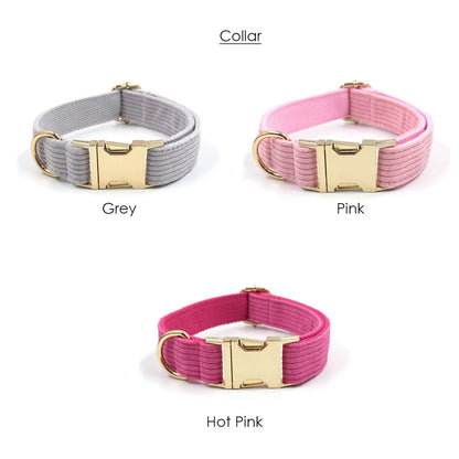 Personalised Pink and Grey Corduroy Dog Collar or Dog Collar and Lead, Harness Set, Dog Bowtie