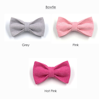 Personalised Pink and Grey Corduroy Dog Collar or Dog Collar and Lead, Harness Set, Dog Bowtie