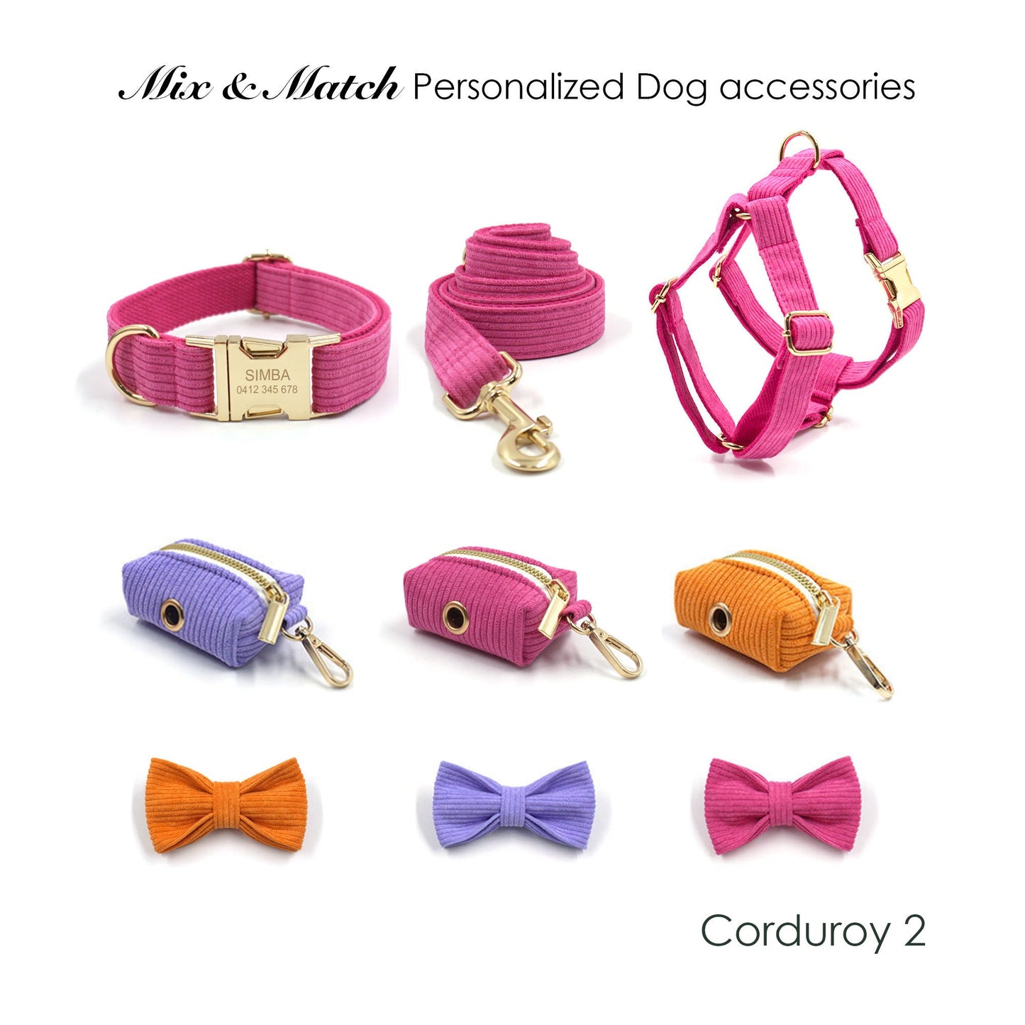 Personalised Pink Purple Orange Corduroy Dog Collar, Lead, Harness Set, Dog Bowtie