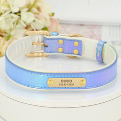 Personalized PU Rainbow Leather Dog Collar, Custom Grey, Pink, Purple, Blue Soft Dog Collar