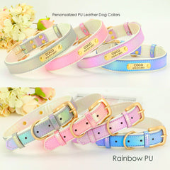 Personalized PU Rainbow Leather Dog Collar, Custom Grey, Pink, Purple, Blue Soft Dog Collar