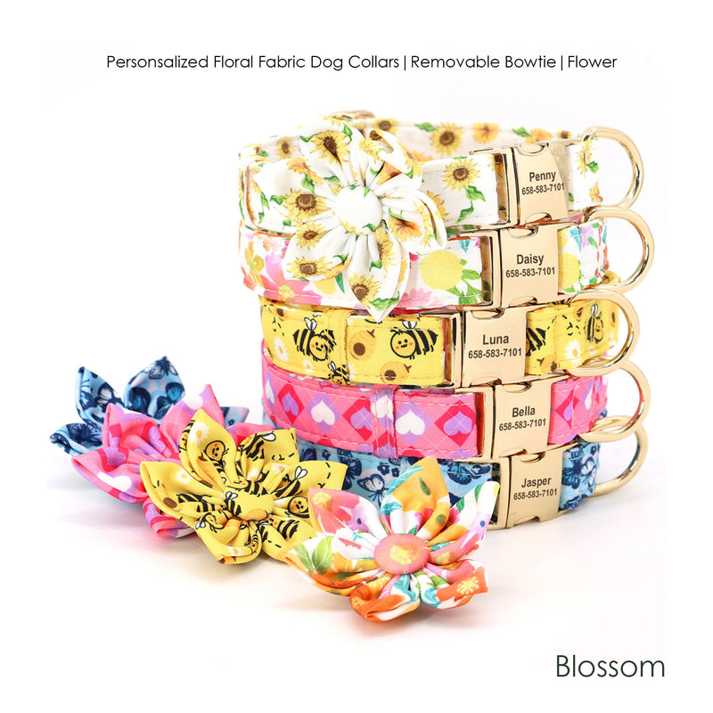 Personalized Engraved Floral, Love Heart, Butterfly, Bee, and Sunflower Dog Collar with removable flower