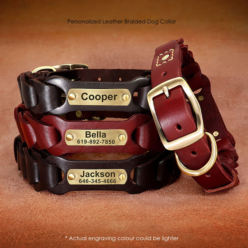 Laser Engraved Genuine Leather Braided Dog Collar for Large dogs
