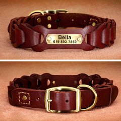 Laser Engraved Genuine Leather Braided Dog Collar for Large dogs