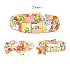 Personalized Engraved Floral, Love Heart, Butterfly, Bee, and Sunflower Dog Collar with removable flower