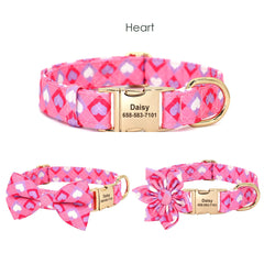 Personalized Engraved Floral, Love Heart, Butterfly, Bee, and Sunflower Dog Collar with removable flower