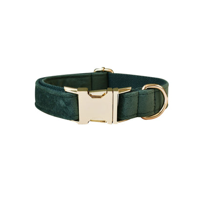 Personalised FOREST GREEN Thick Velvet Dog Collar or Dog Collar and Lead Set, Matching Bowtie and Flower Step In Harness