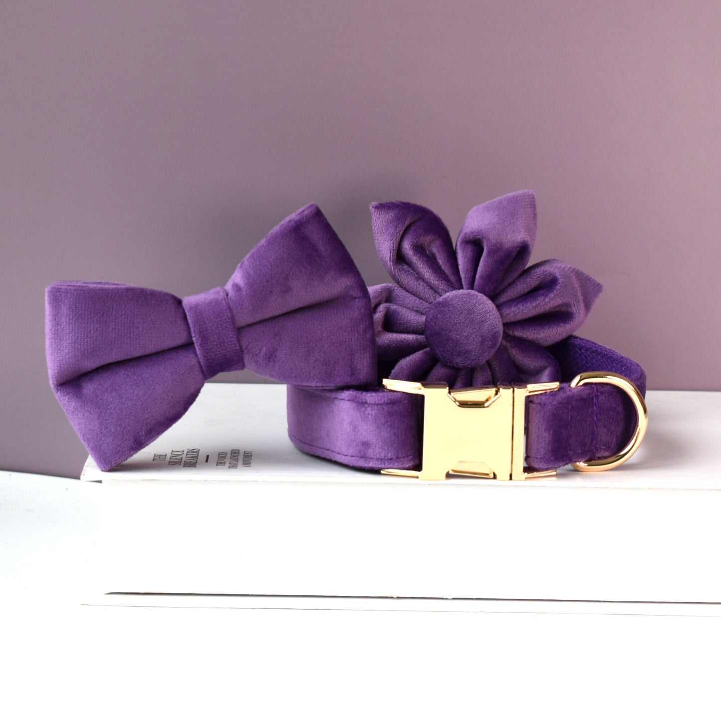Purple Personalised Dog Collar Combo Set, Matching Bowtie, Leash and Harness