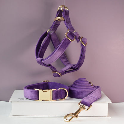 Purple Personalised Dog Collar Combo Set, Matching Bowtie, Leash and Harness