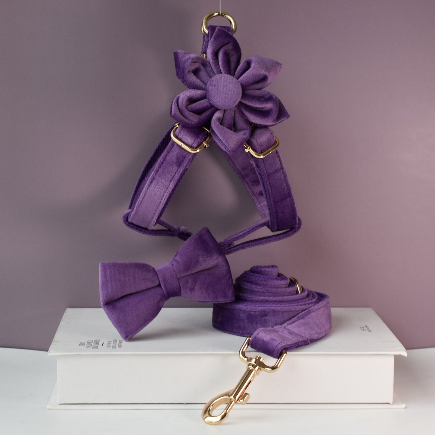 Purple Personalised Dog Collar Combo Set, Matching Bowtie, Leash and Harness