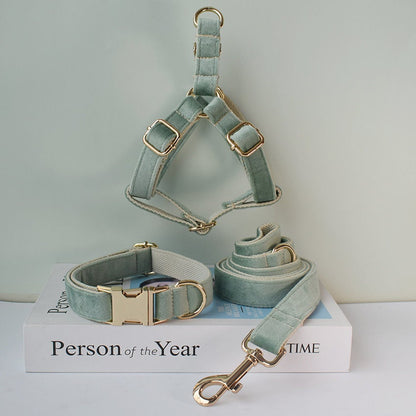 Personalised MINT GREEN Thick Velvet Girl or Boy Dog Collar, Harness, and Leash Set with Detachable Matching Bowtie Flower
