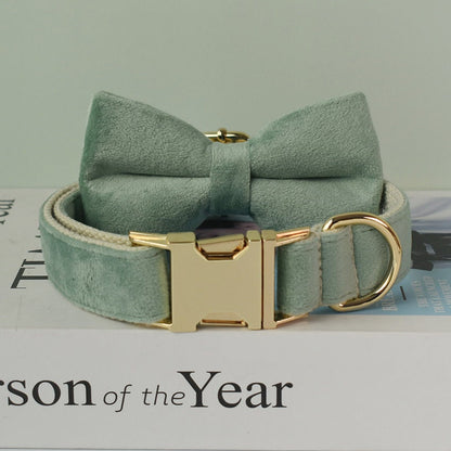 Personalised MINT GREEN Thick Velvet Girl or Boy Dog Collar, Harness, and Leash Set with Detachable Matching Bowtie Flower