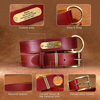 Upgraded Genuine Leather Personalised Dog Collar with Name Plate and Matching Leash