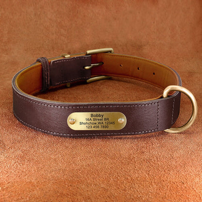 Upgraded Genuine Leather Personalised Dog Collar with Name Plate and Matching Leash