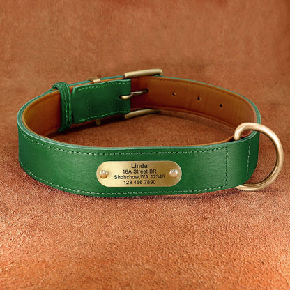 Upgraded Genuine Leather Personalised Dog Collar with Name Plate and Matching Leash