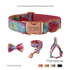 Pink Nebula Tie Dye Dog Collar and Leash Set, Step in Harness, Dog Bow