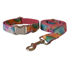 Pink Nebula Tie Dye Dog Collar and Leash Set, Step in Harness, Dog Bow